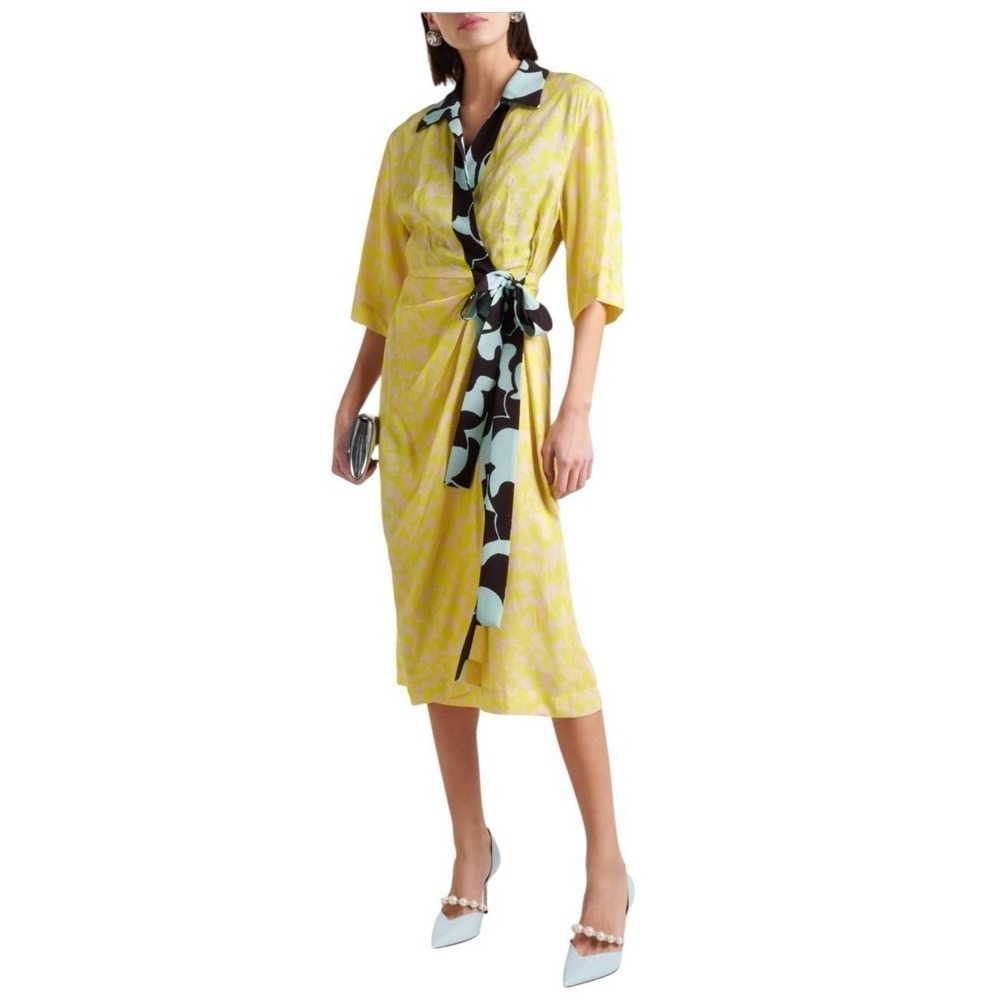 Dries Van Noten collared short sleeved yellow wrap print dress Size 38‎ NEW